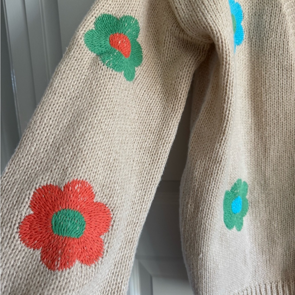 BiBi Groovy Flower Power Chunky Sweater Beige Kidcore Cardigan Hippie Boho - Picture 5 of 13